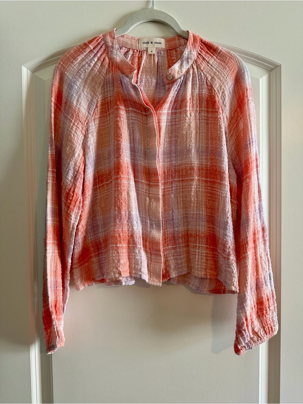 Cloth & Stone Coral Plaid Lightweight Button-Front Top Cropped Small